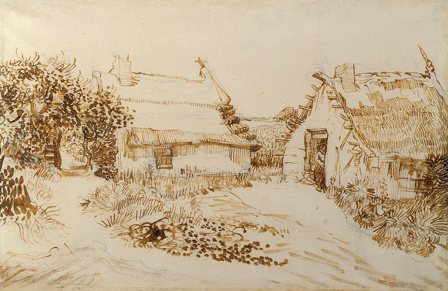 Two Cottages at Saintes Maries de la Mer Drawing by Vincent van Gogh