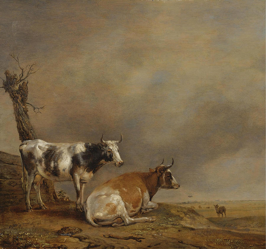 Paulus Potter Painting - Two cows and a goat by a pollarded tree in a landscape with other cows in the distance by Paulus Potter