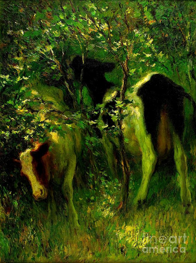Two Cows in Flowering Bushes Painting by Peter Ogden