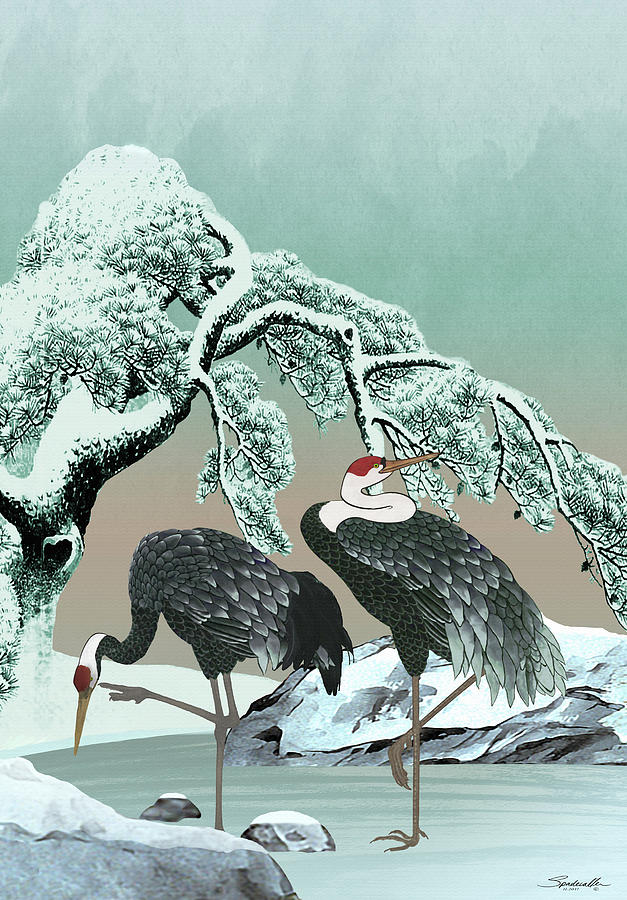 Two Cranes On Frozen Pond Digital Art by M Spadecaller