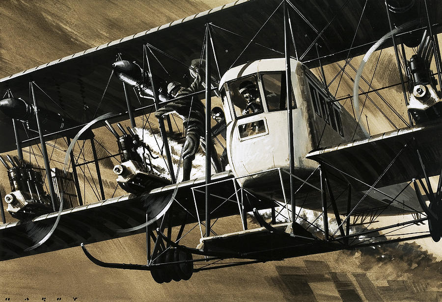 Black And White Painting - Two crewmen amid the wires and struts of an Ilia Mourometz II bomber by Wilf Hardy