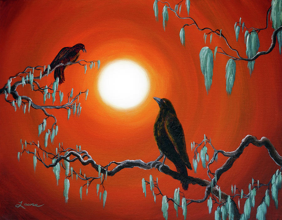 Raven Painting - Two Crows on Mossy Branches by Laura Iverson