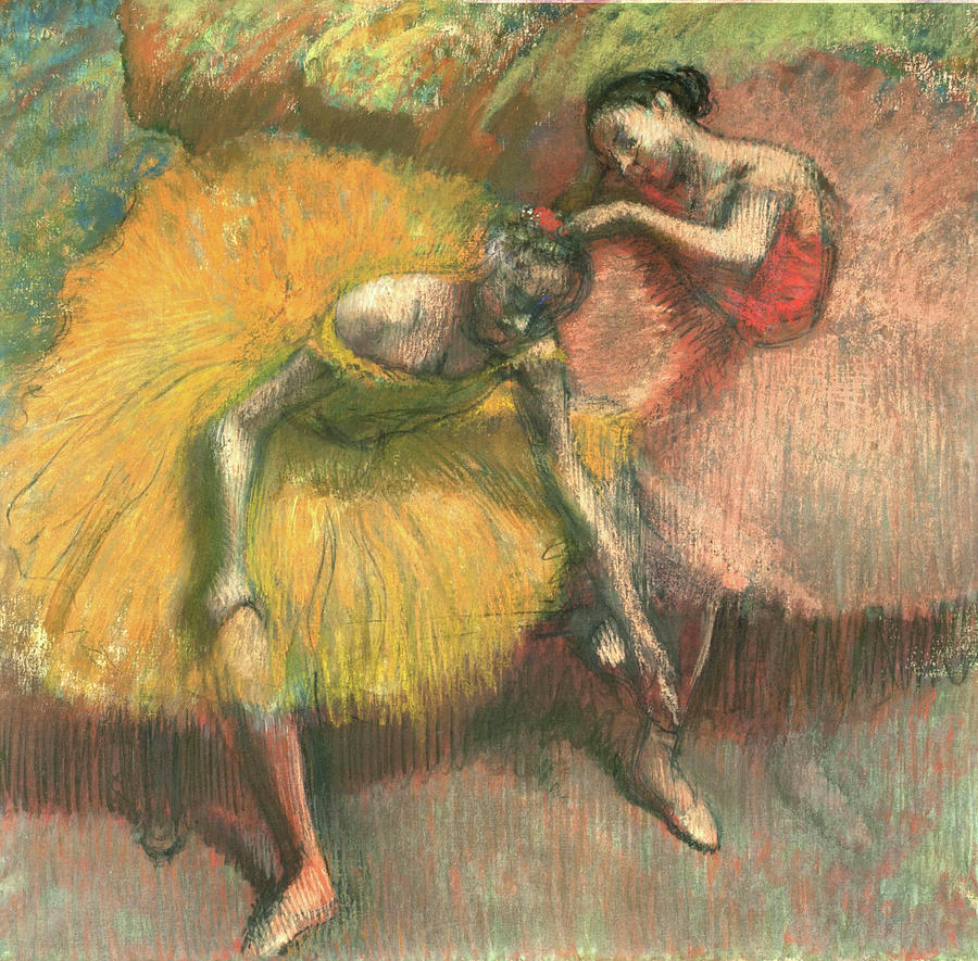 Two Dancers Wearing Yellow and Pink Painting by Edgar Degas - Fine Art ...