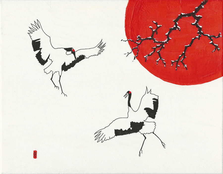 Two Dancing Cranes Mixed Media by Stephanie Grant