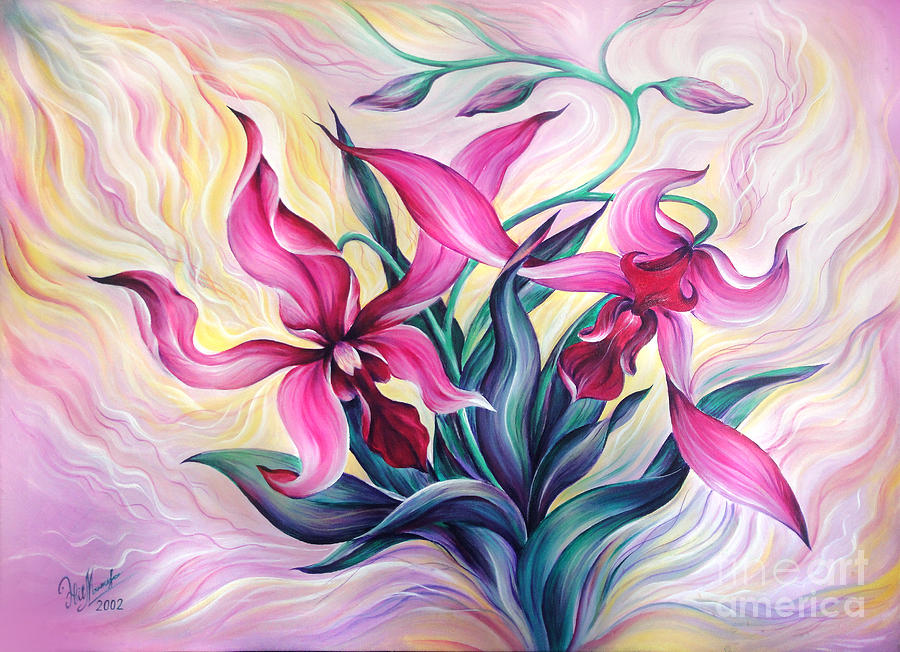 Orchid Painting - Two dancing orchids by Sofia Goldberg