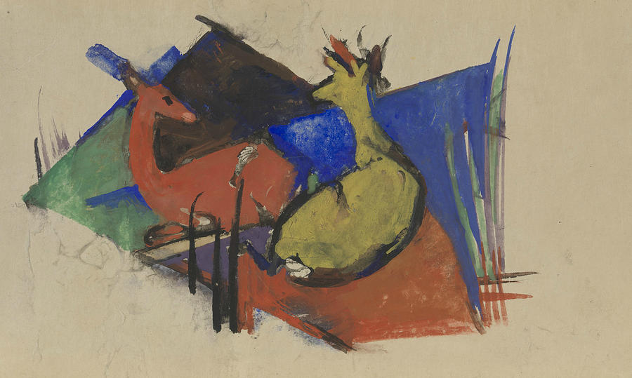 Two Deer Lying Down Painting by Franz Marc