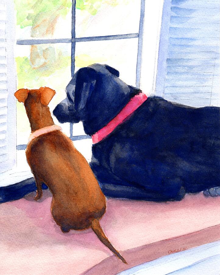 Two Dogs Looking out a Window Painting by Carlin Blahnik CarlinArtWatercolor