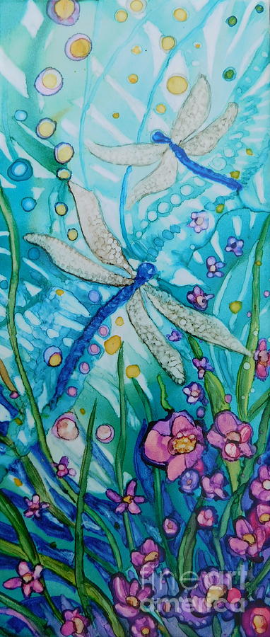 Two Dragon Flies in Shades of Purple and Blue Painting by Joan Clear