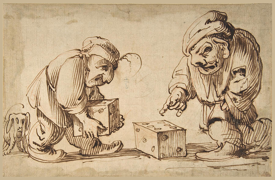 Two Dwarfs Playing Dice a Dog at Left  Drawing by Attributed to Faustino Bocchi