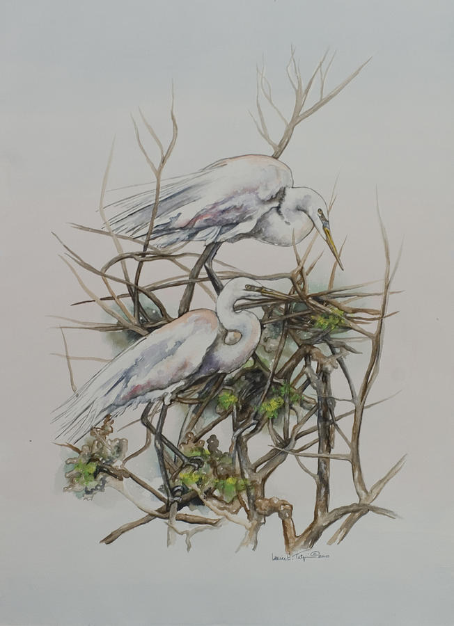 Two Egrets in a Tree Painting by Laurie Tietjen