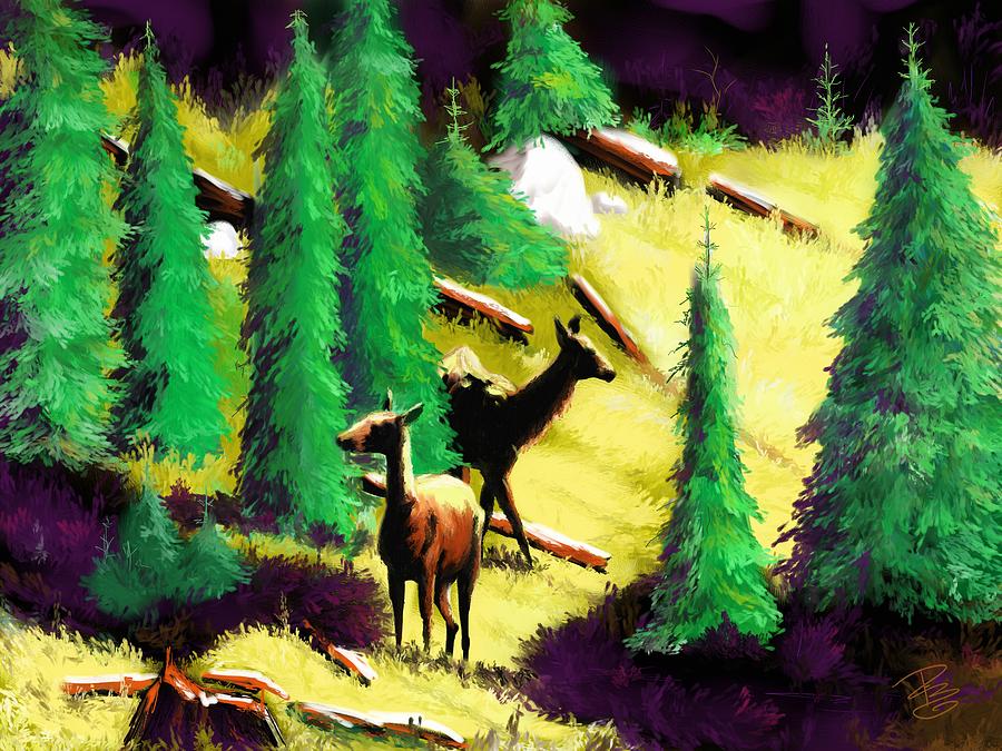Two elk in the sunlight Digital Art by Debra Baldwin