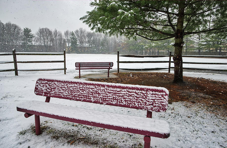 Two Empty Benches In The Snow Photograph by Gary Slawsky