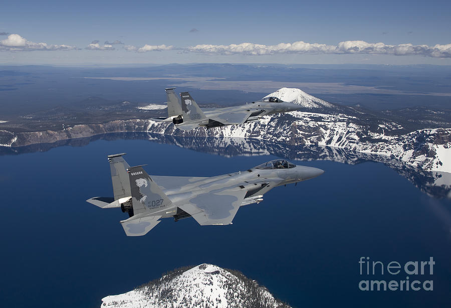 Two F-15 Eagles Fly Over Crater Lake Photograph by HIGH-G Productions