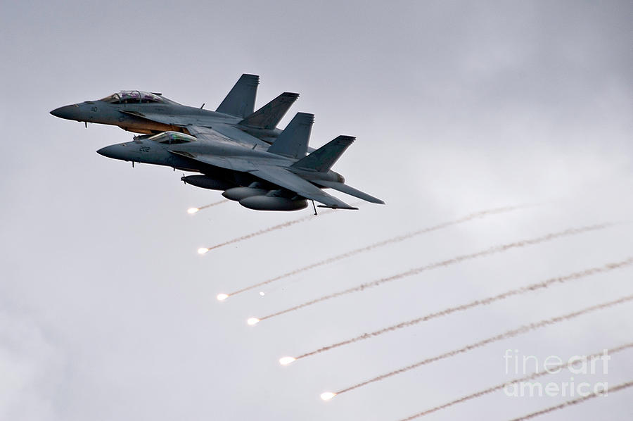 Two FA-18 Super Hornets drop flares Painting by Celestial Images