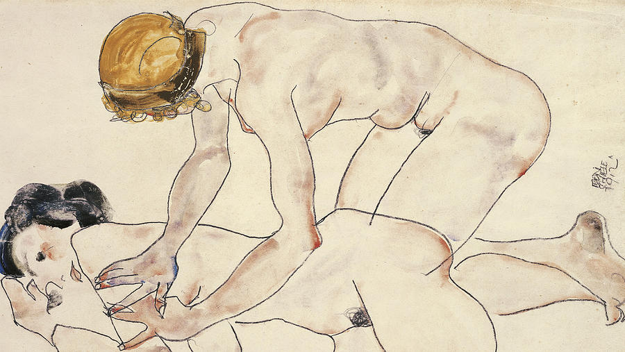Two Female Nudes Drawing by Egon Schiele
