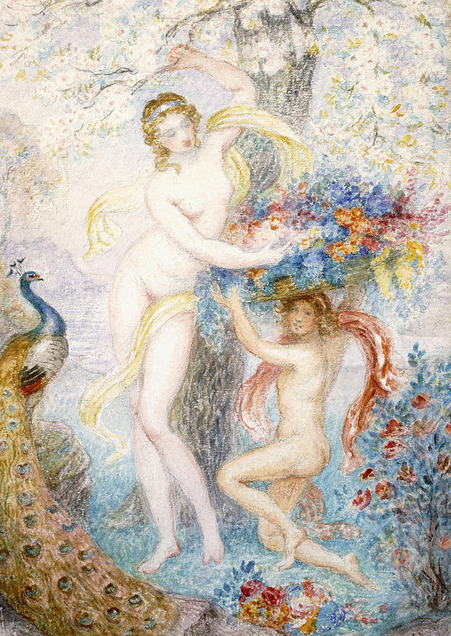 Two Female Nudes Under a Tree with a Peacock Painting by Armand Point