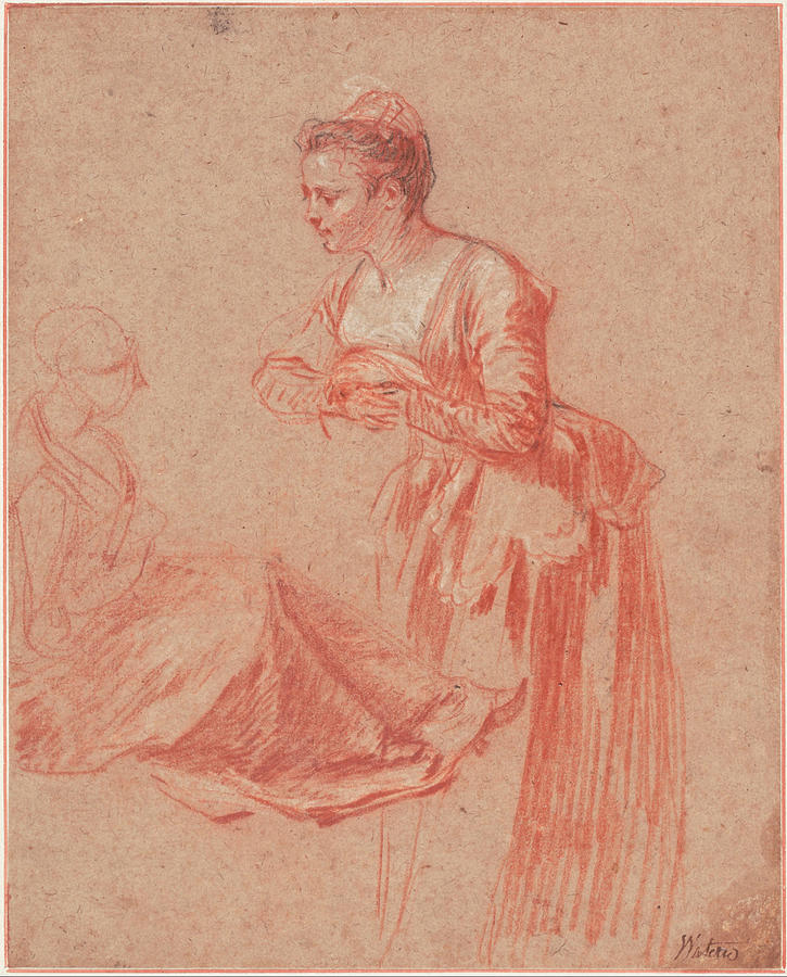 Two Figure Studies of a Young Woman, Drawing by Antoine Watteau