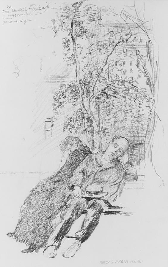 Two Figures in a Park Drawing by Jerome Myers