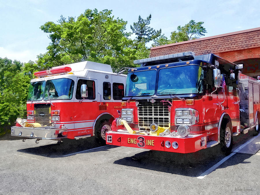 Two Fire Engines in Front of Firehouse Photograph by Susan Savad