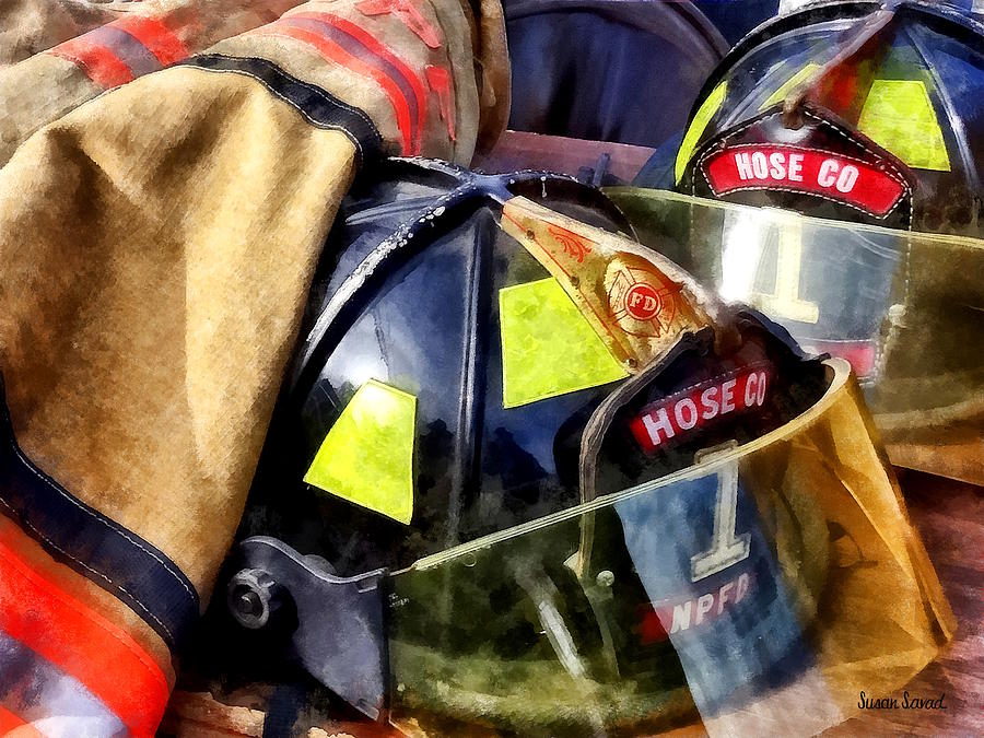 Fireman Photograph - Two Fire Helmets and Firemans Jacket by Susan Savad