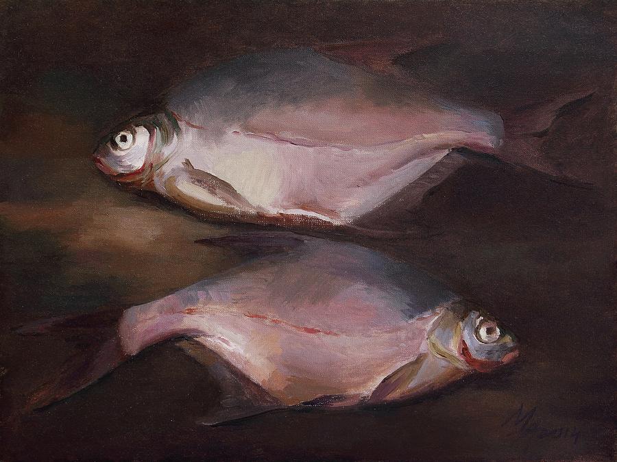 Two Fish on the Shore Painting by Attila Meszlenyi