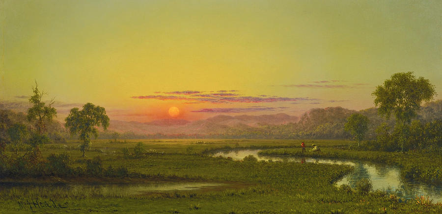Two Fishermen in the Marsh at Sunset. New Jersey Marshes Painting by Martin Johnson Heade