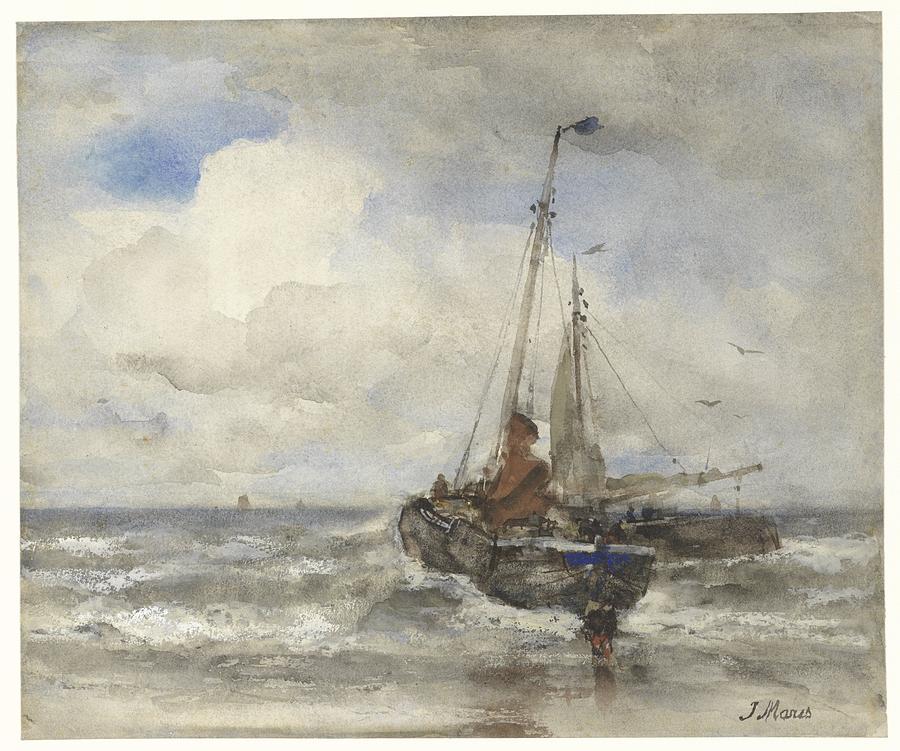 Two fishing boats at the beach, Jacob Maris, 1847 - 1899 Painting by Celestial Images