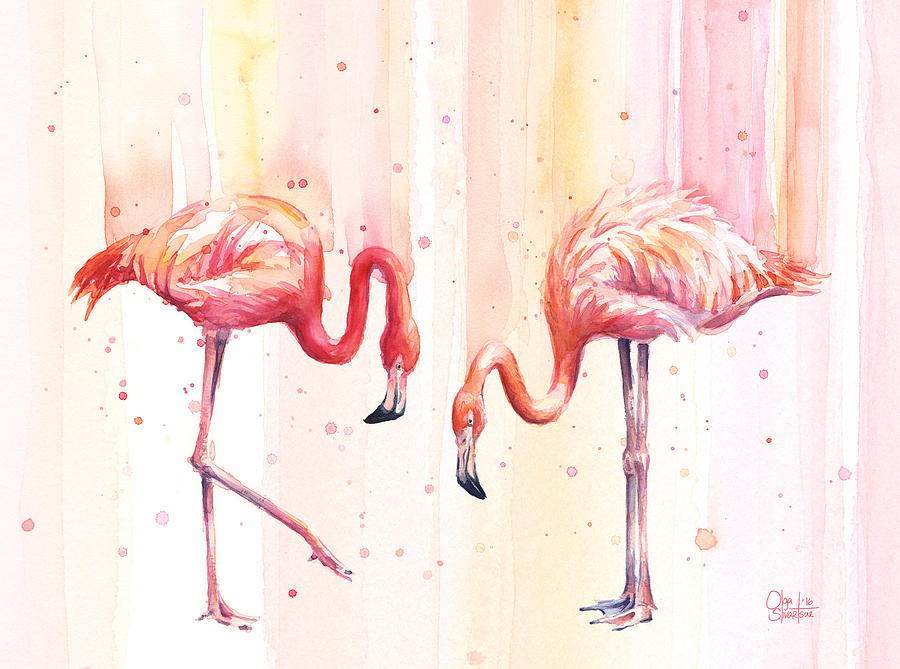 Flamingo Painting - Two Flamingos Watercolor by Olga Shvartsur