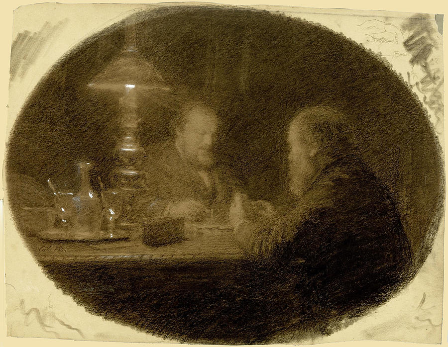 Two Friends Around a Table Drawing by Adolphe-Felix Cals