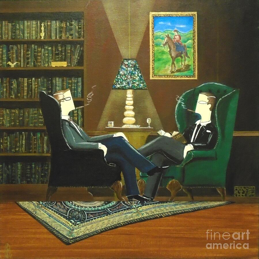 Two Gentlemen Sitting in Wingback Chairs at Private Club Painting by John Lyes