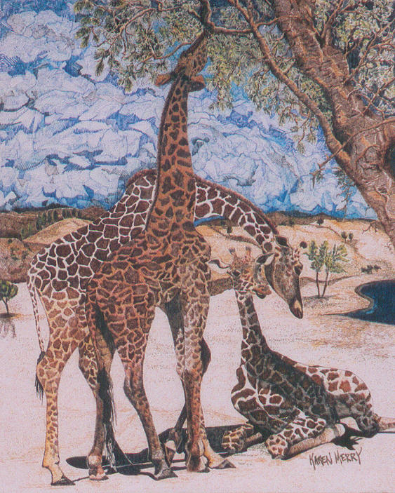 Two Giraffes and a Calf Painting by Karen Merry