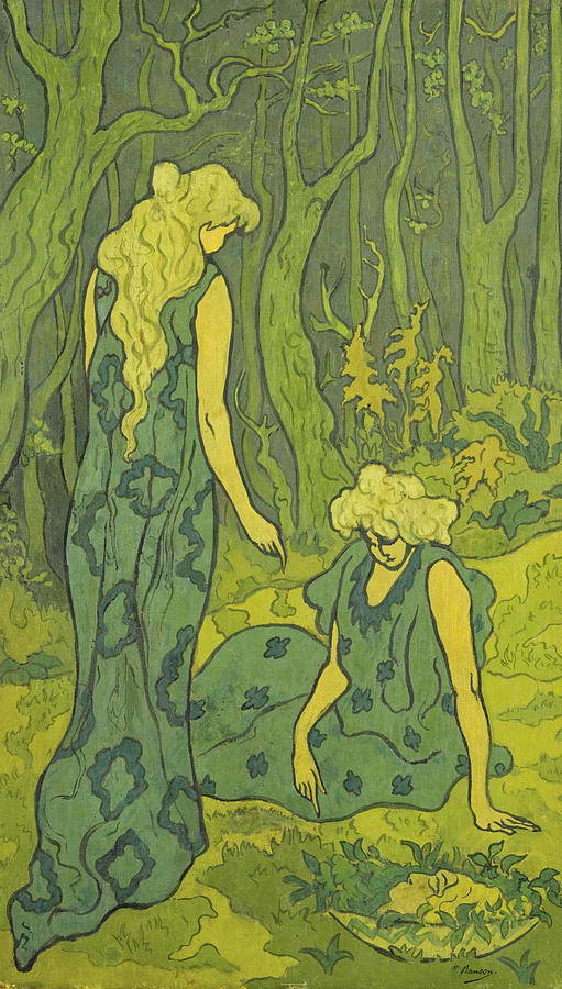 Two Girls next to the Head of Orpheus Painting by Paul Ranson