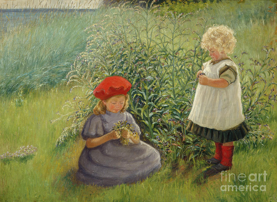 Two girls picking flowers Painting by O Vaering