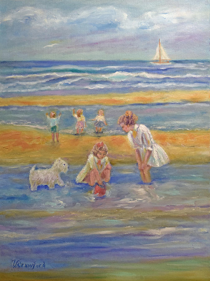 Two Girls Playing in the Sea Painting by Verlaine Crawford