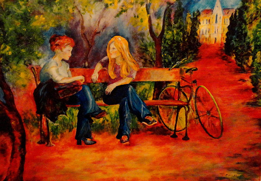 Landscape Painting - Two Girls with a Byke by Dagmar Helbig