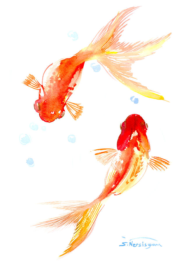 Two Goldfish Feng Shui Painting by Suren Nersisyan