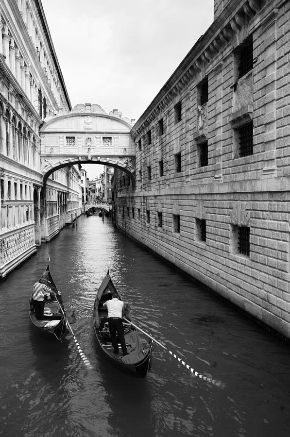 Black And White Photograph - Two Gondola beneath the Bridge of Sighs Venice Italy by Dawn Black
