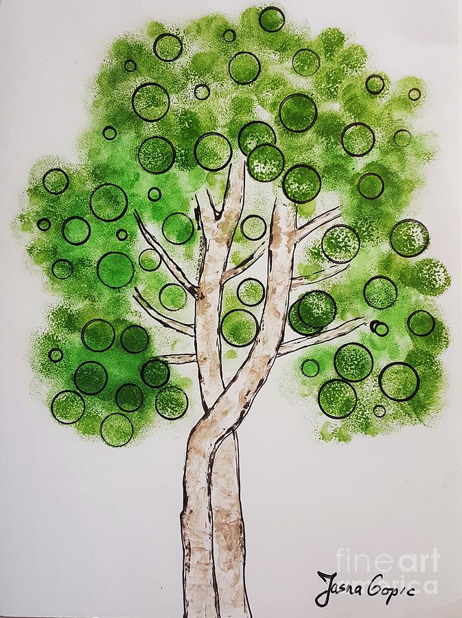 Two Green Tree in a Bubbles  by Jasna Gopic Painting by Jasna Gopic