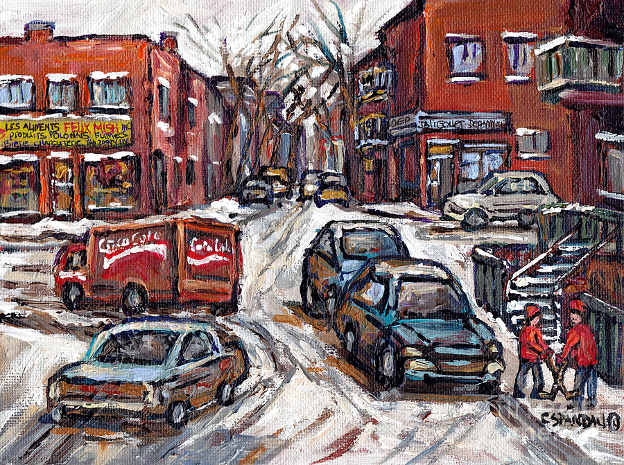 Two Hockey Pals In Ville Emard Winter Street Scene Painting Felix Mish Charcuterie Montreal Painting by Carole Spandau
