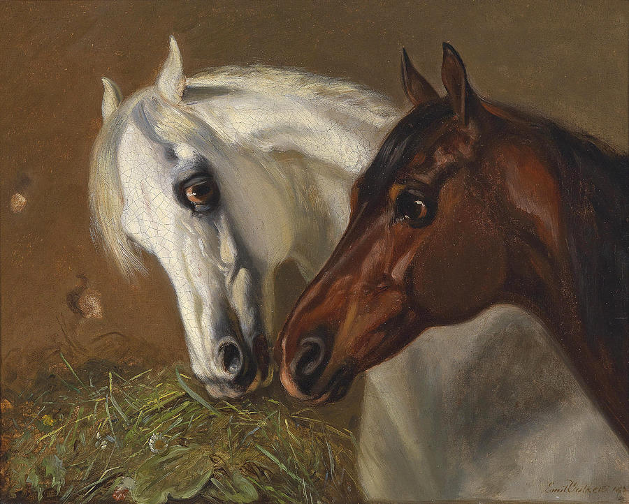 Two Horse Heads Painting by Emil Volkers