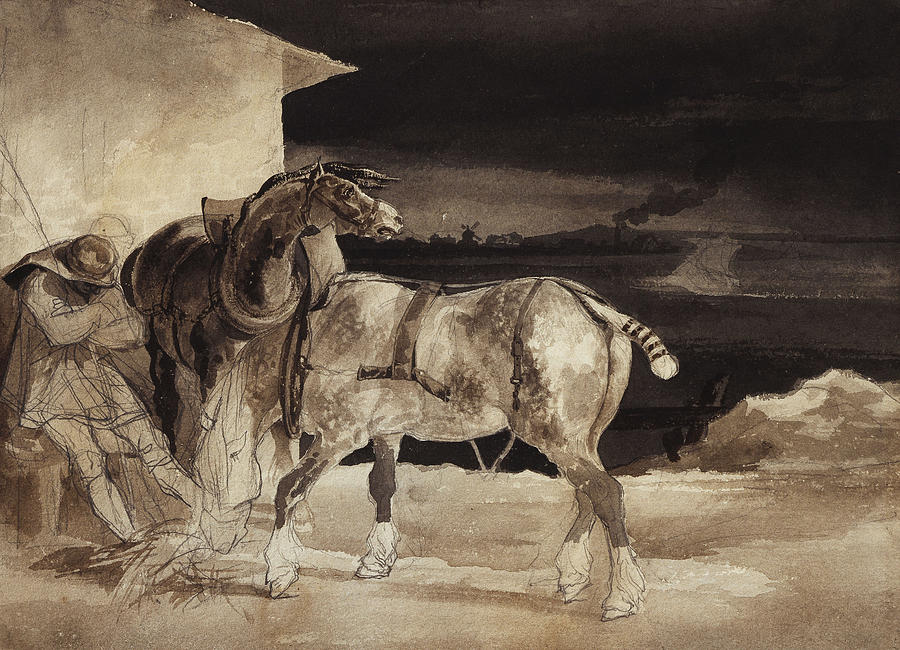 Theodore Gericault Painting - Two Horses and a Sleeping Groom  by Theodore Gericault 