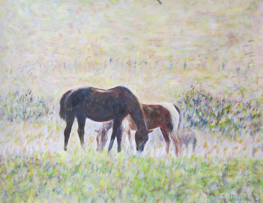 Two Horses in the Mist Painting by Glenda Crigger