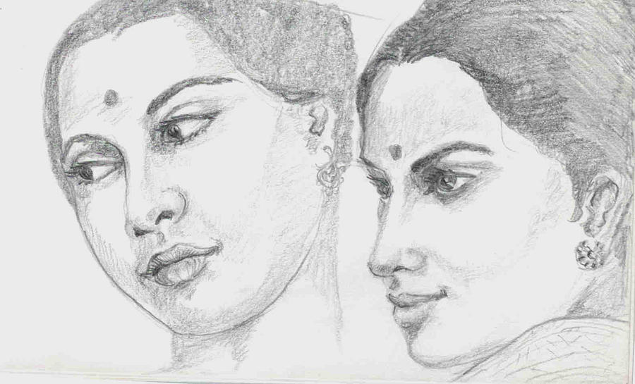 Two Indian women Drawing by Asha Sudhaker Shenoy