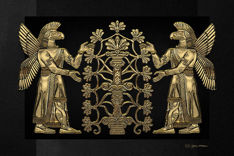 Two Instances of Gold God Ninurta with Tree of Life over Black Canvas Digital Art by Serge Averbukh