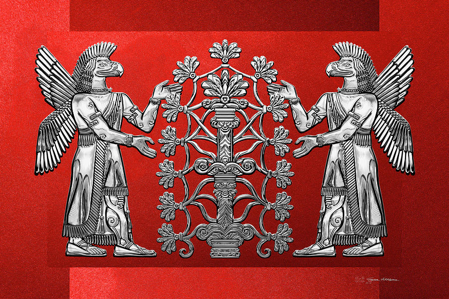 Two Instances of Silver God Ninurta with Tree of Life over Red Canvas Digital Art by Serge Averbukh