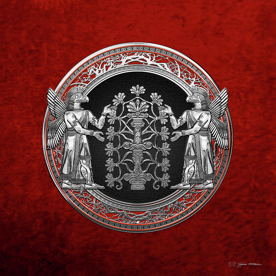 Two Instances of Silver God Ninurta with Tree of Life over Red Velvet Digital Art by Serge Averbukh