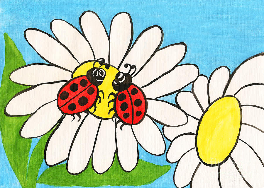 Two ladybirds on camomile, painting Painting by Irina Afonskaya