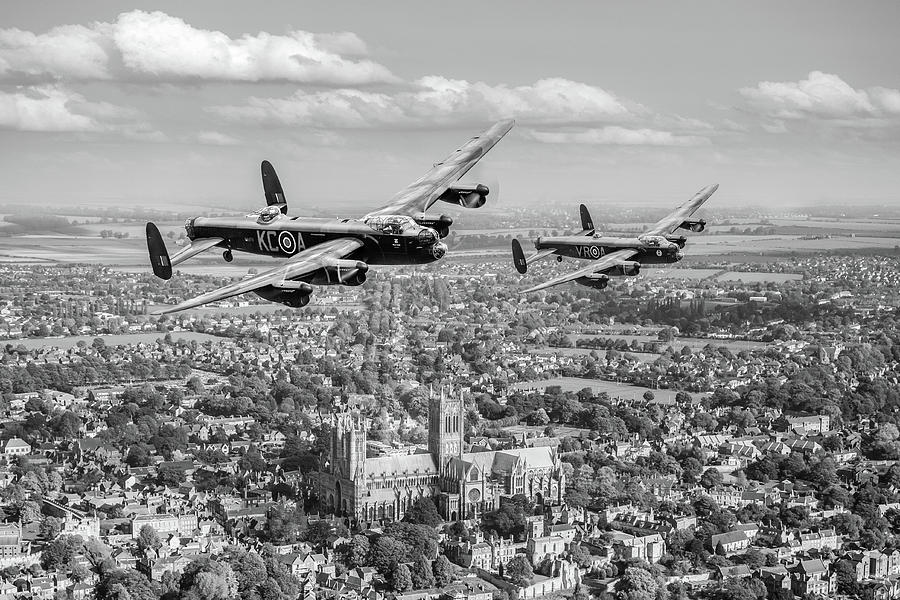Two Lancasters over Lincoln Cathedral black and white version Digital Art by Gary Eason