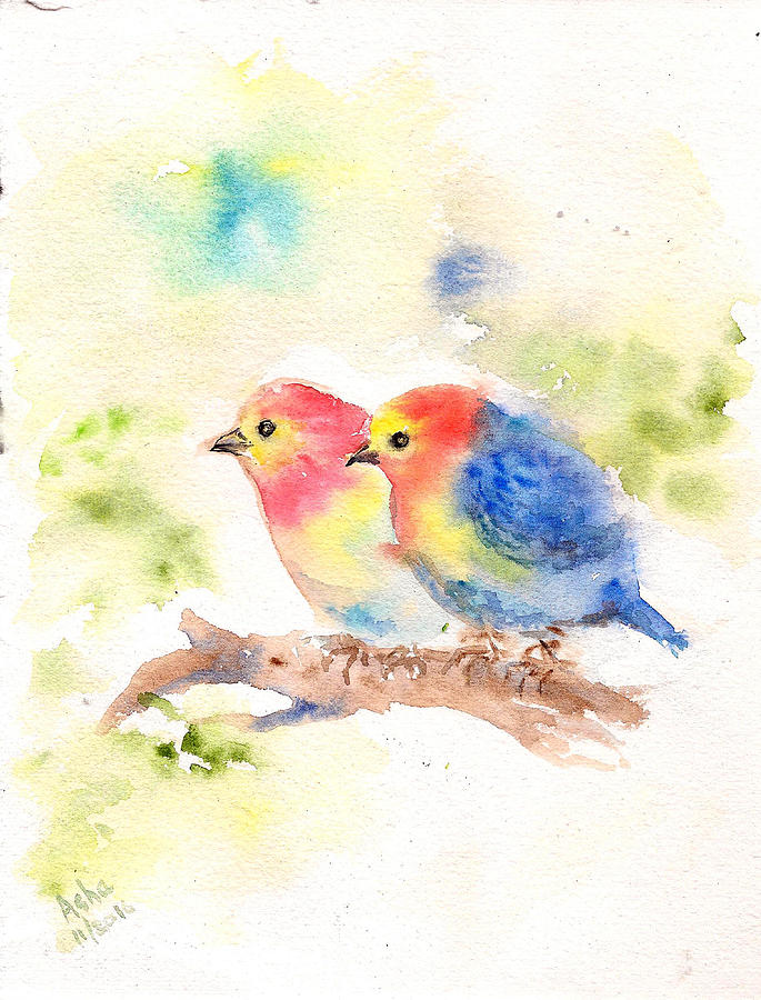 Two little birdies Painting by Asha Sudhaker Shenoy