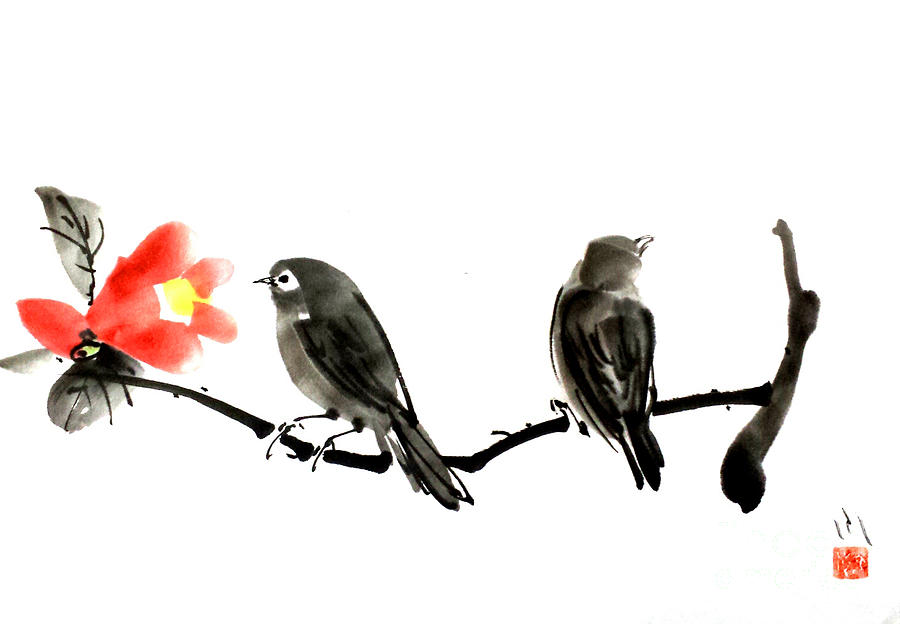 Two Little Birds Painting by Fumiyo Yoshikawa